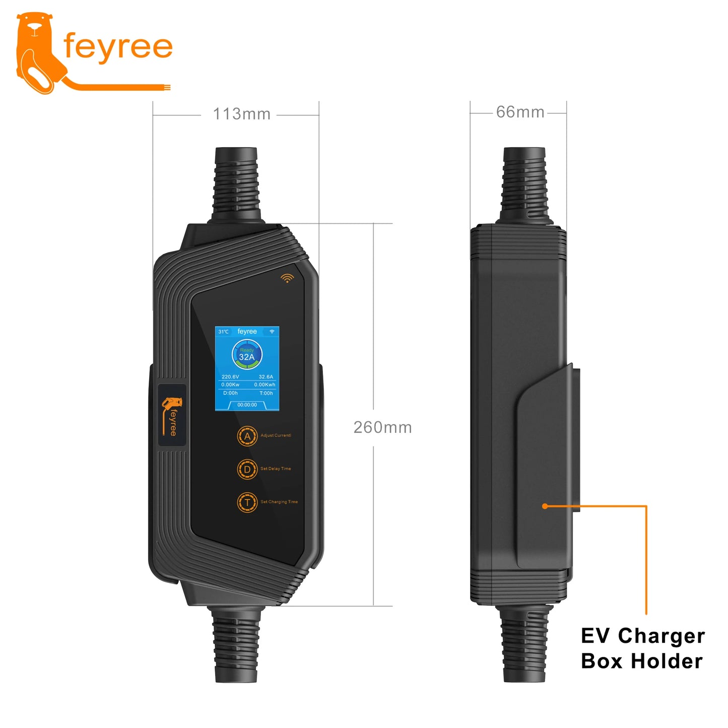 feyree Type1 7KW 32A 1Phase Portable EV Charger J1772 Socket with 5m Cable Smart APP WIFI Control Version for Electric Vehicle