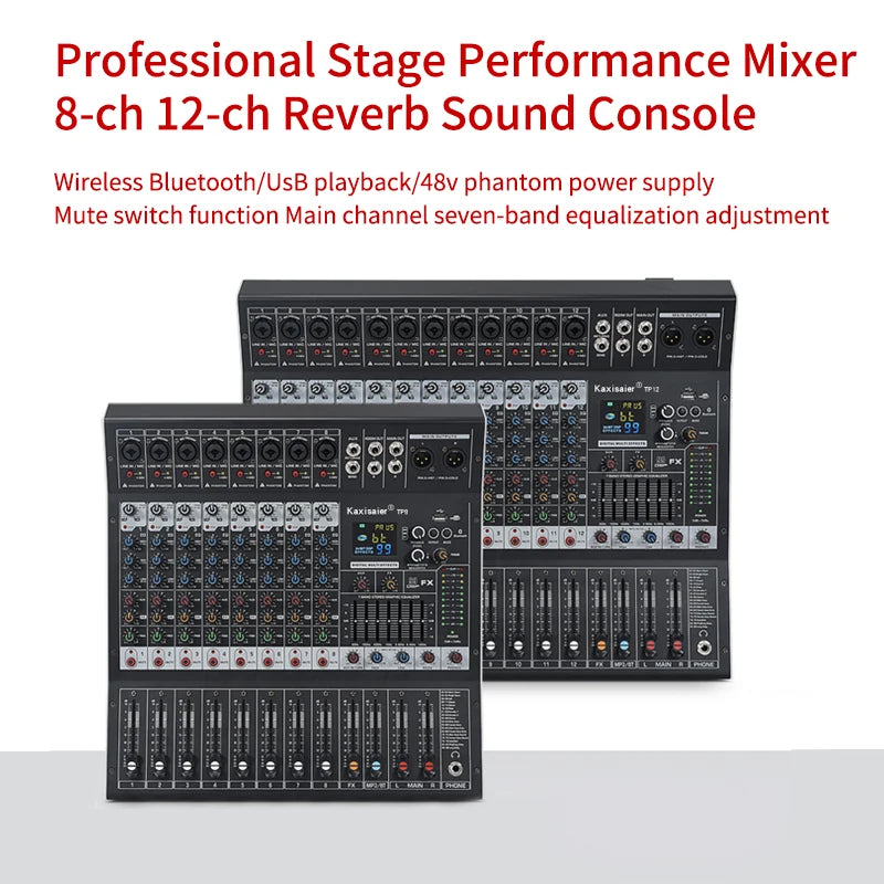 8/12 Channel Digital Mixer Audio Console 100 DSP Effects Bluetooth USB MP3 DJ Reverberation Sound Mixing Console