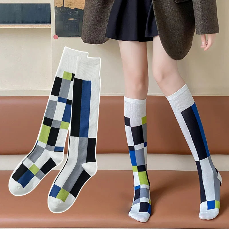 Socks Women's High Tube Calf Knee-length Socks Retro Illustration Art Abstract Street Autumn and Winter Cotton Socks High Sock