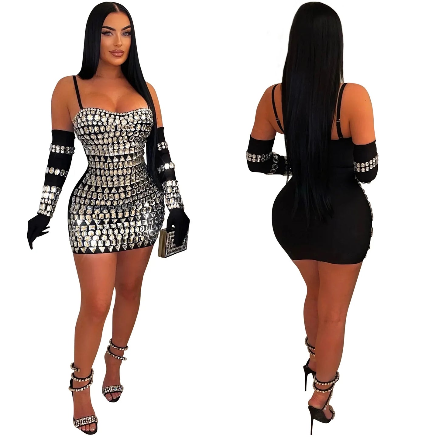 GLCMYAYA Women Diamonds Hot Rhinestones Crystal Spaghetti Strap Birthday Bodycon Midi Dress Sexy Party Even Dresses Vestidos