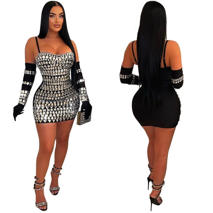 GLCMYAYA Women Diamonds Hot Rhinestones Crystal Spaghetti Strap Birthday Bodycon Midi Dress Sexy Party Even Dresses Vestidos