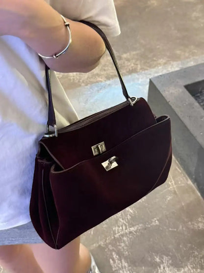 25 New Soft Suede Tote Bag Large Capacity Frosted Cowhide Lock Bag Women's Crossbody Shoulder Bag