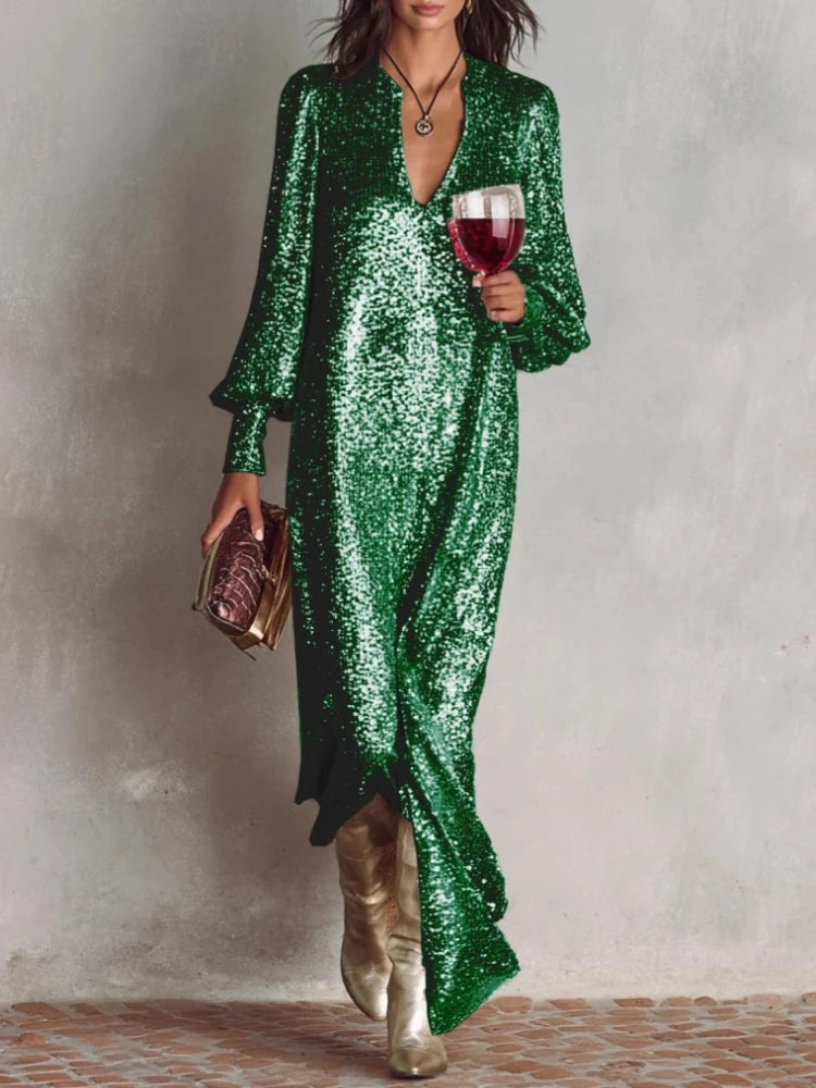 Elegant Women's Evening Dress Solid Deep V-neck Sequined Lantern Sleeves Long Gown Autumn Winter Sexy Dinner Party Dresses