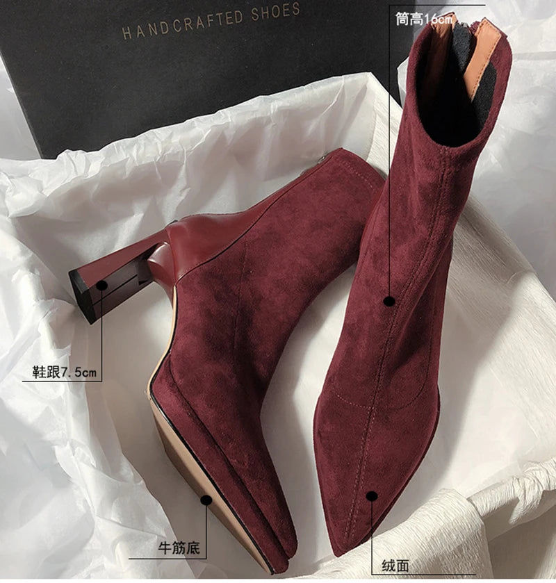 Square High Heel Women Ankle Boots Fashion Zippers Shoes Retro Style Autumn Winter Pointed Toe Ladies Dancing Party Prom Shoes