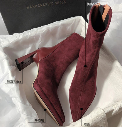 Square High Heel Women Ankle Boots Fashion Zippers Shoes Retro Style Autumn Winter Pointed Toe Ladies Dancing Party Prom Shoes