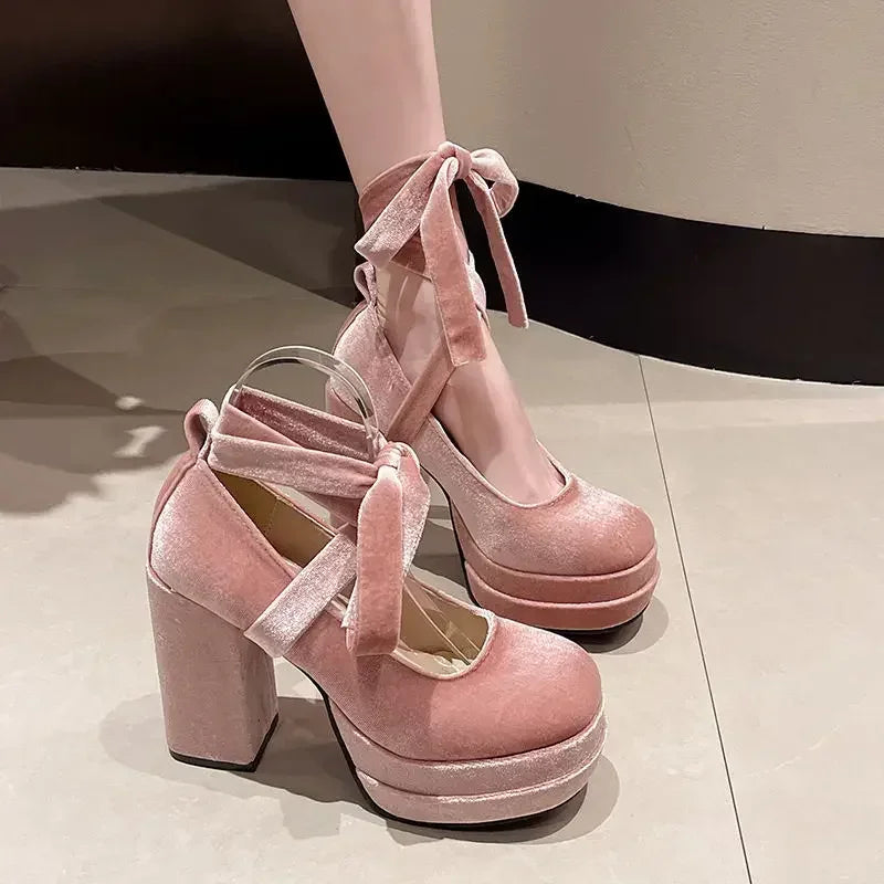 Platform Mary Janes Shoes Women Suede Luxury High Heel Lace Up Trend Lolita Shoes Elegant Chunky Party Pumps Zapatos De Mujer