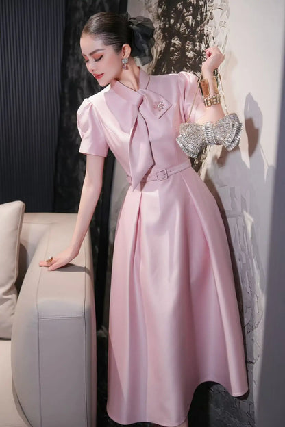 ZJYT Sweet Pink Bow Collar Dress for Women Short Sleeve Midi Formal Party Aline Vestidos Elegant Spring Summer Designer 2025 New