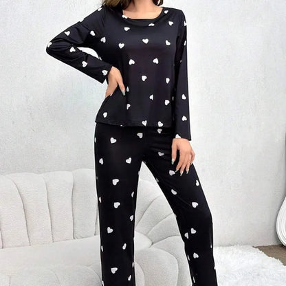 Women's Pajamas Casual Love Print Round Neck Long Sleeve Long Pants Fall and Winter Comfortable Set Girl Sleepwear Homewear
