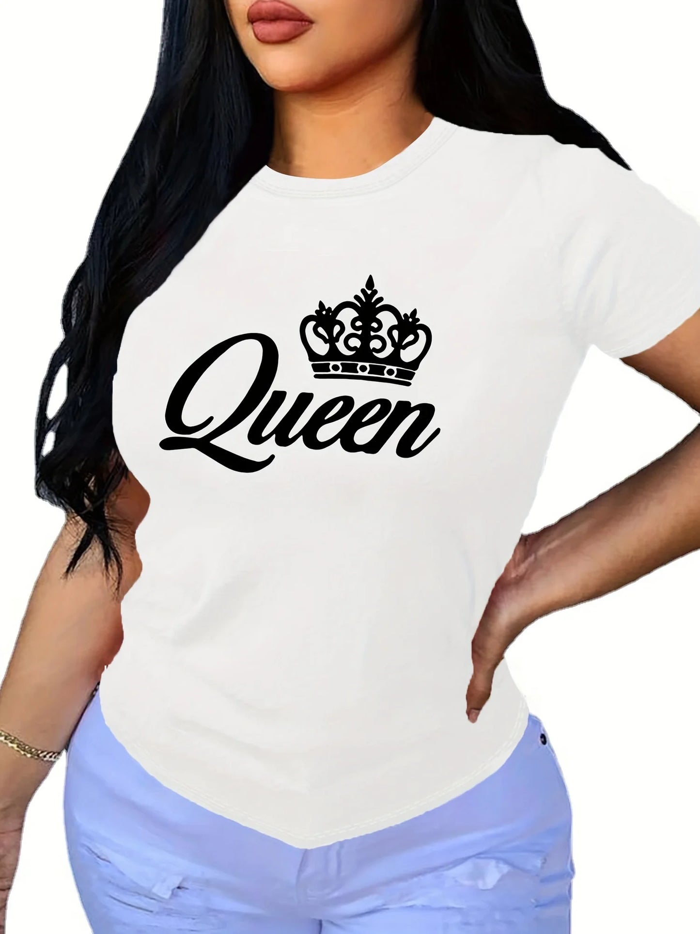 Women's T-shirt casual black short sleeved printed loose top design clothes