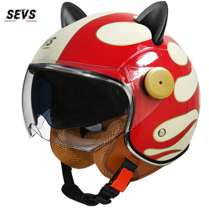 Motorcycle Helmet Retro 3C & DOT Certified Half Face ABS Helmet Dual Visor Hidden Sun Shield Removable Cute Cat Ears