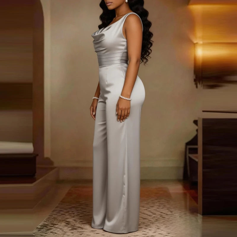 Sexy Swing Collar Waisted Solid Satin Jumpsuit Fashion Commute Wide Leg Pants Romper Women Casual Sleeveless Pleat Long Playsuit