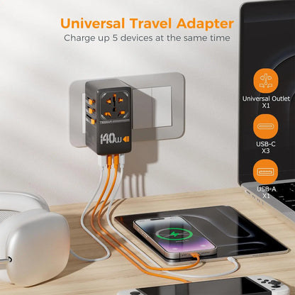 TESSAN International Plug Adaptor GaN Travel Adapter with Universal Outlet 1 USB A 3 Type C Fast Charger for EU/UK/USA/AUS