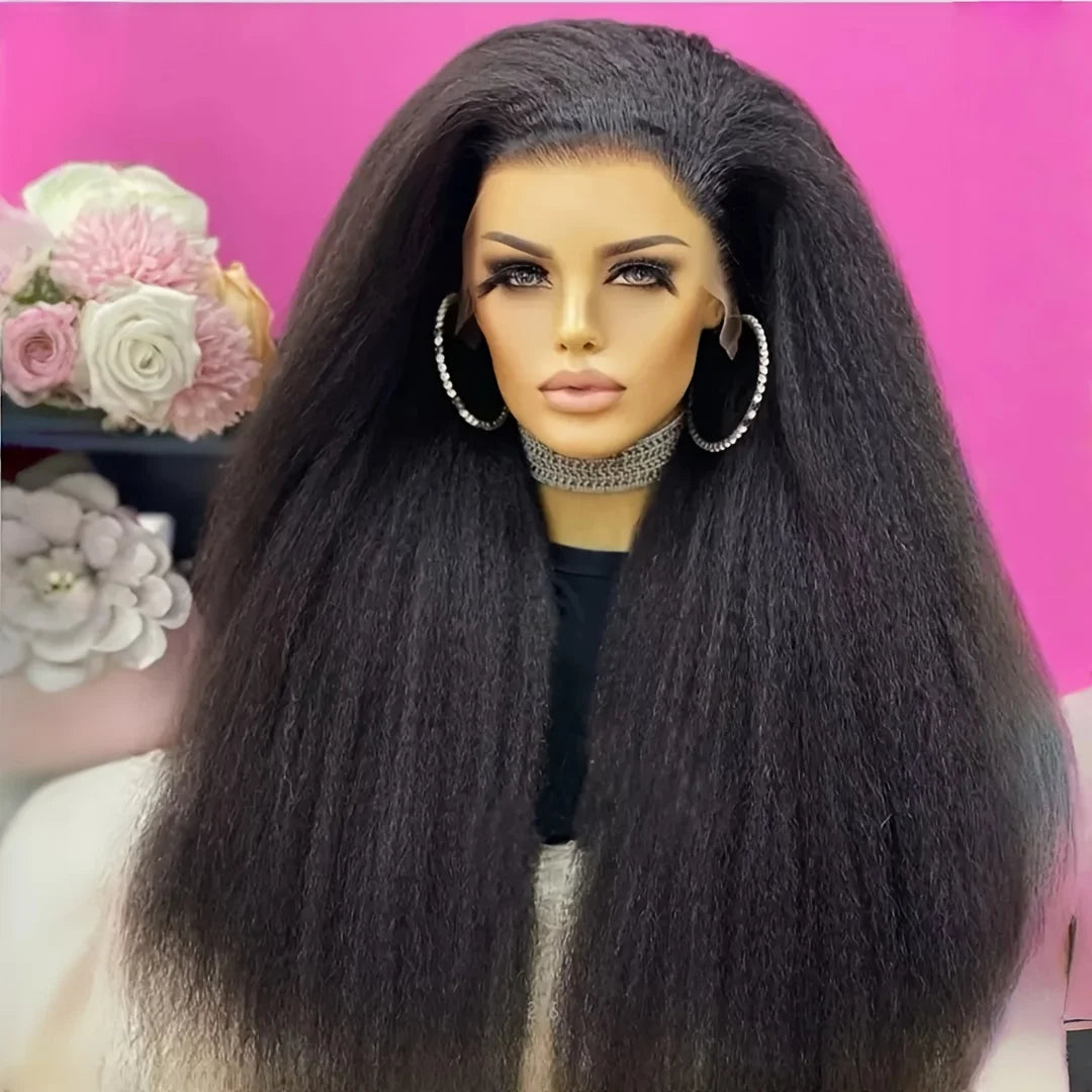 Natural Black Yaki 26Inch Kinky Straight Soft Long Lace Front Wig For Black Women Synthetic Preplucked Glueless Baby Hair Daily