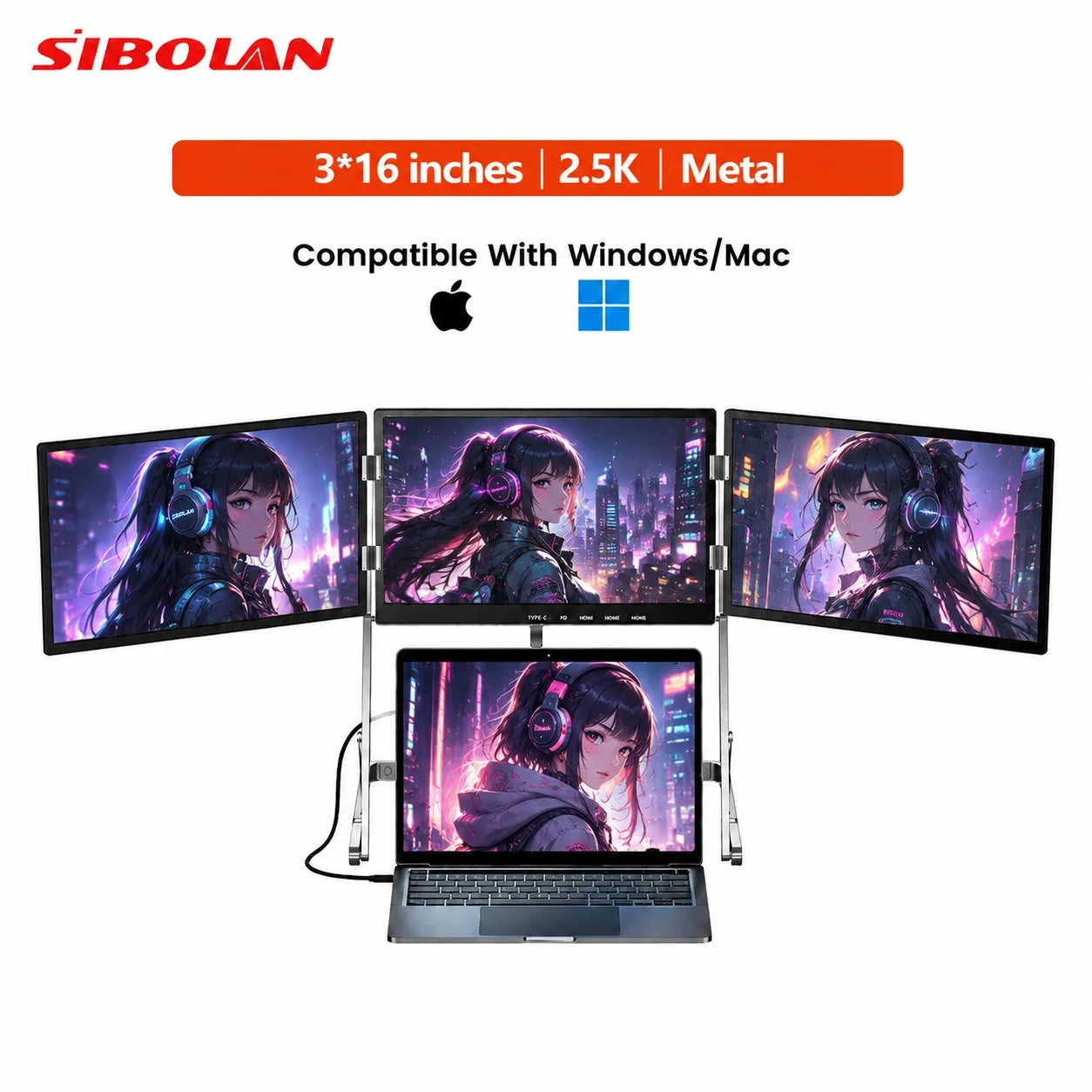 Sibolan 16 inch 2.5K Three Screen Portable Monitor 60Hz 100% sRGB Metal Body HDMI USB-C Laptop Display Extender For Wins mac OS