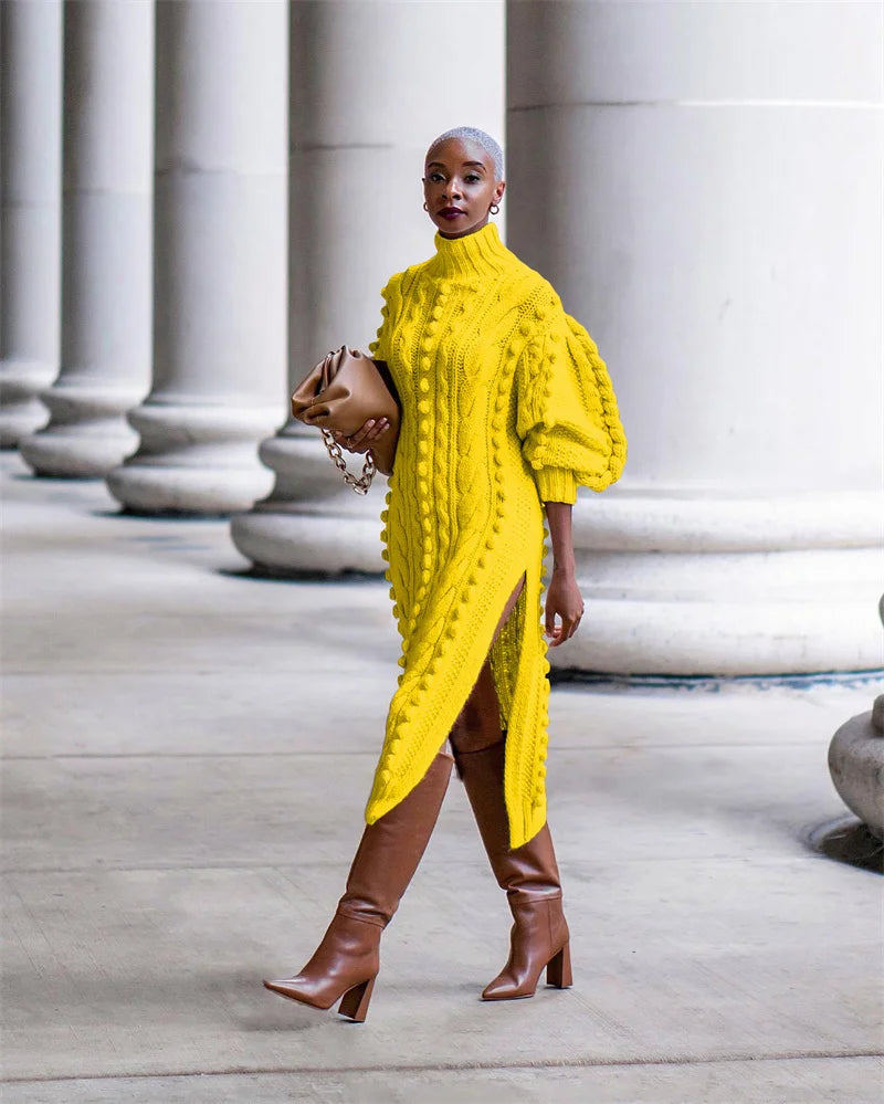 Streetwear Turtleneck Sweater Dress Women Autumn Winter Long Sleeve Elegant Ribbed Knitted Stretchy Warm Party Club Midi Dresses