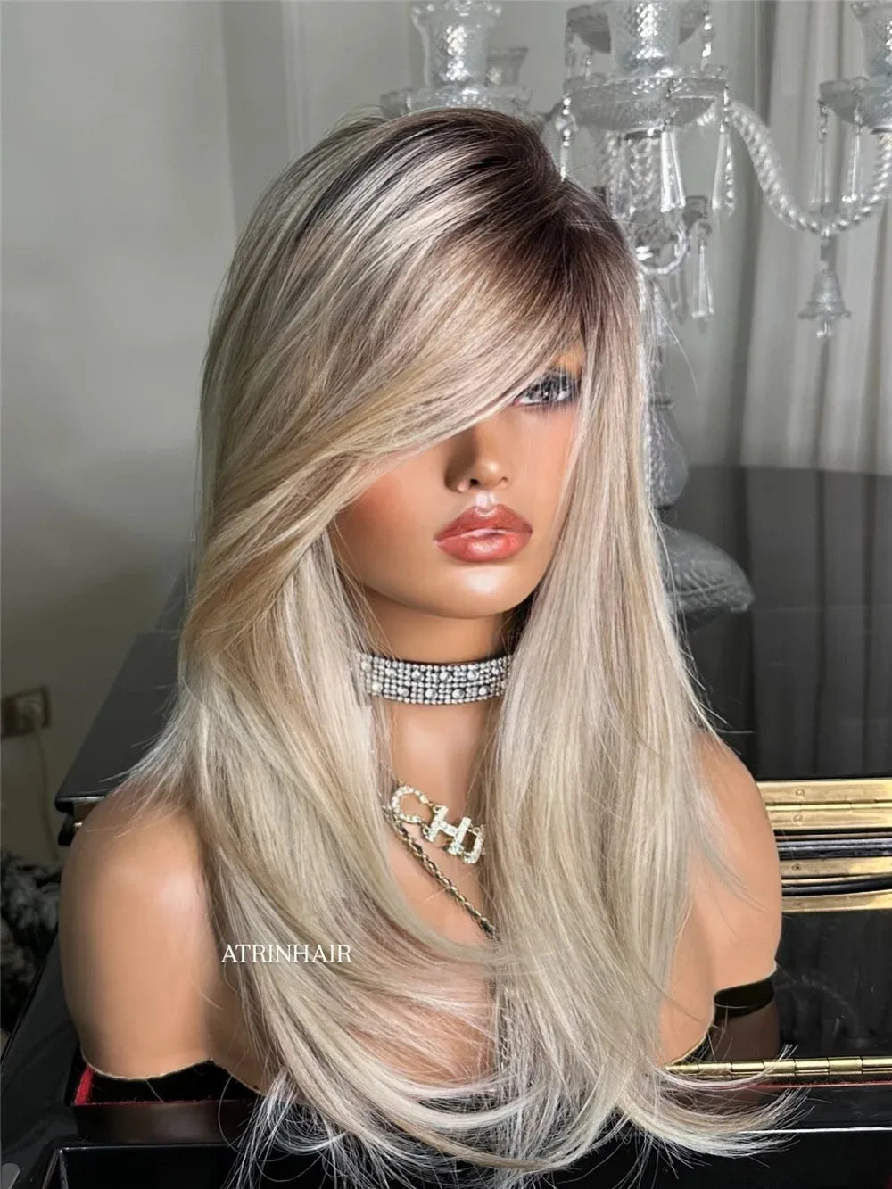 Soft Hair13x4 Straight Synthetic Lace Front Wig for Women Ombre Platinum Blonde Ash Roots Glueless Heat Resistant Fiber Hair Wig