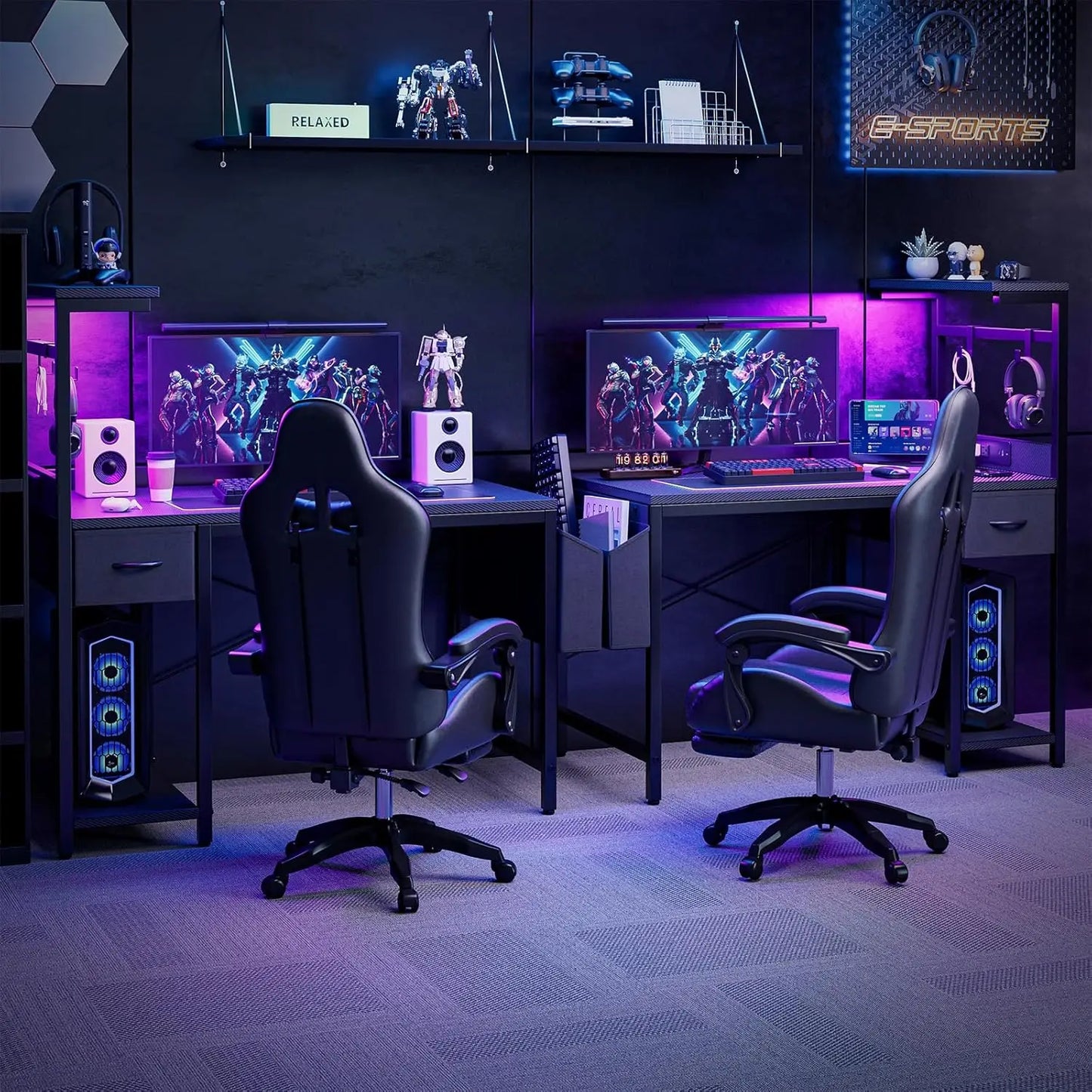 Gaming Desk 55 Inch with Power Outlet and LED Light, Computer Desk with Reversible Shelves and Storage Drawer, Pc, Customized