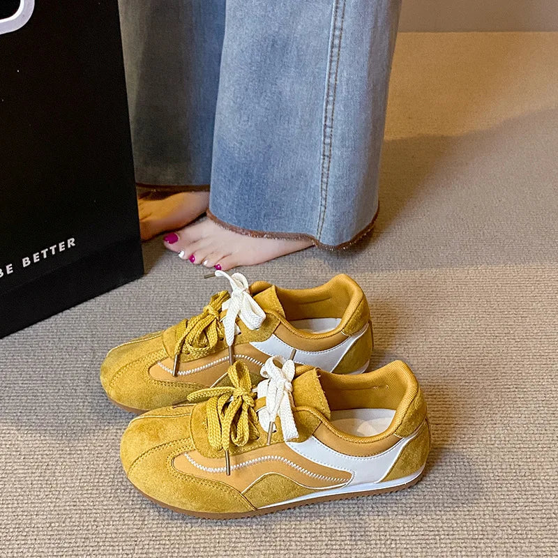 Women's Casual Shoes Suede Leather Training Shoes for Women 2026 Patchwork Retro Sneakers Ladies Casual Flat Heels Walking Shoes