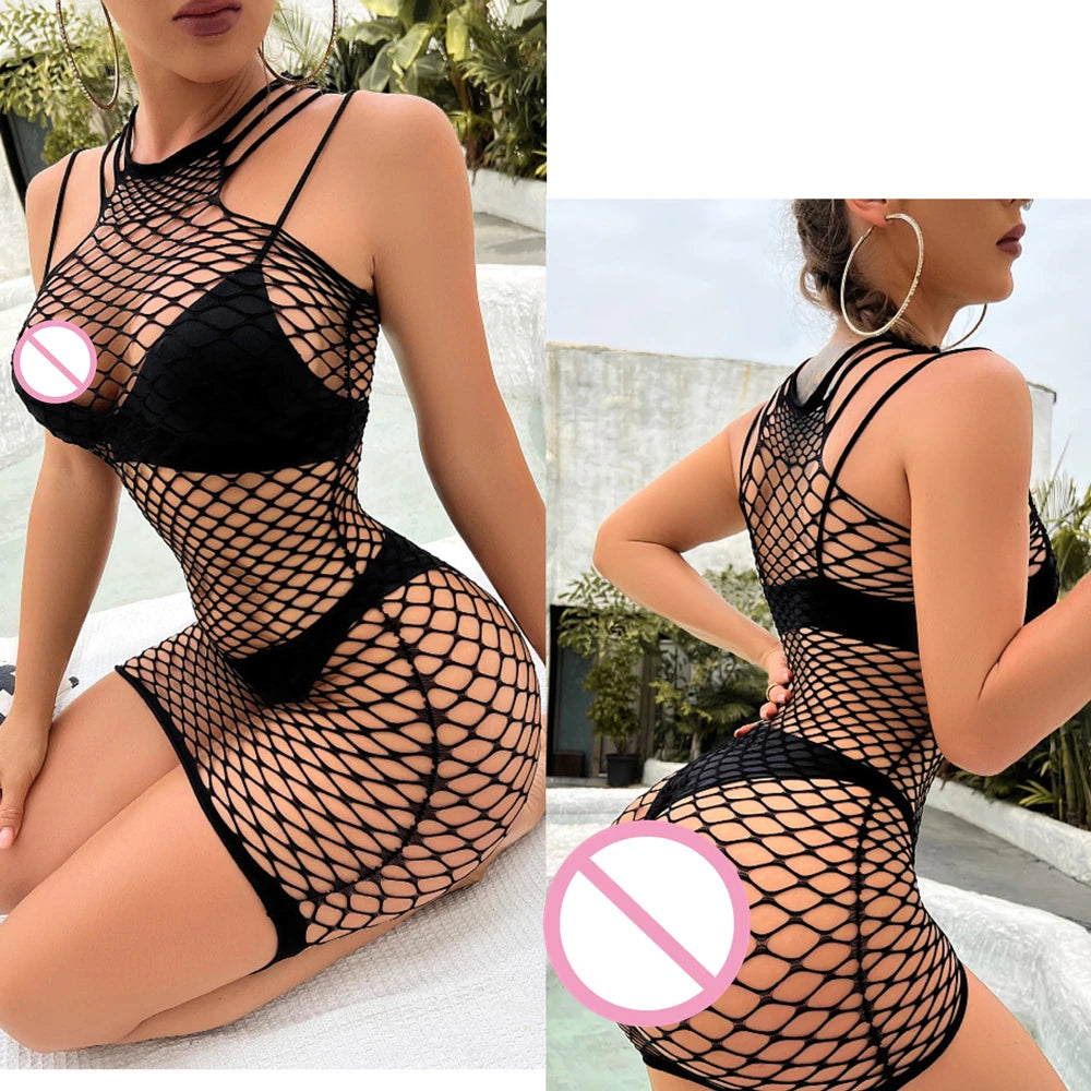 Sexy Women Fishnet Bodycon Mini Dress Mesh Hollow Out See Through Lingerie Erotic Perspective Temptation Nightdress Costume