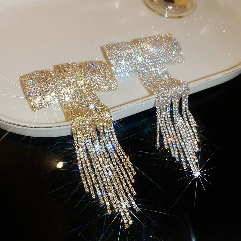 Rhinestone Bow Fringe Hairpin for Women Fashion Temperament Hair Clip Korean Light Luxury Hair Accessories Gold Silver Color