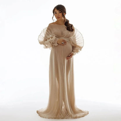 2026 Fashion Sheer Pleated Organza Maternity Dresses for Photoshoot Long Dress for Maternity Shoot Baby Shower Dresses YEWEN
