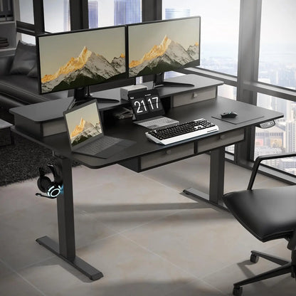 55 * 30 Inches Electric Standing Widened Desk Adjustable Height with 4 Drawers, Double Storage Shelves Stand Up, Customized