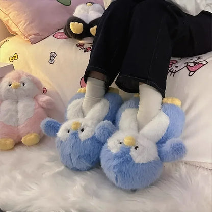 Cute Cartoon Penguin Cotton Slippers Package with Plush Thick Bottom Non-slip Soft Bottom Home Shoes Winter Ladies Indoor Warmth