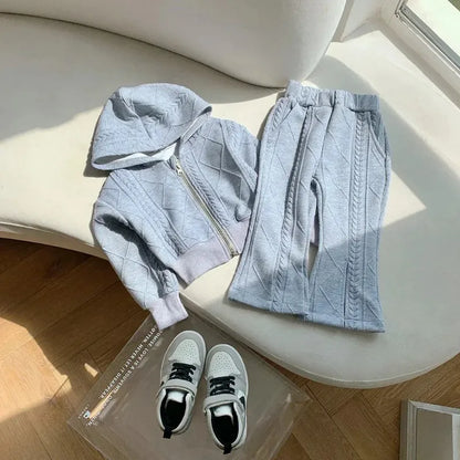 Flared Pants Childrens Set Girls Autumn New Korean Short Knitting Long Sleeved Tops Forking Two Piece Tide Hooded