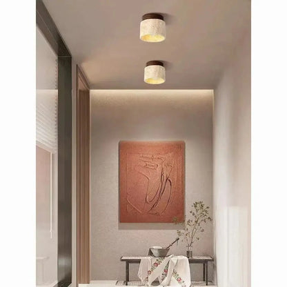 Yellow Travertine LED Ceiling Lamp Japanese Wooden Downlight round Wood Light for Living Room Corridor Porch Balcony