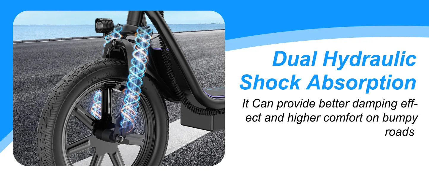 PORORO 14inch Electric Bicycle 10.5AH Battery 28Miles Max Range 22MPH Max Speed Shock Absorption Foldable E Scooter with Seat