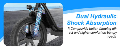 PORORO 14inch Electric Bicycle 10.5AH Battery 28Miles Max Range 22MPH Max Speed Shock Absorption Foldable E Scooter with Seat