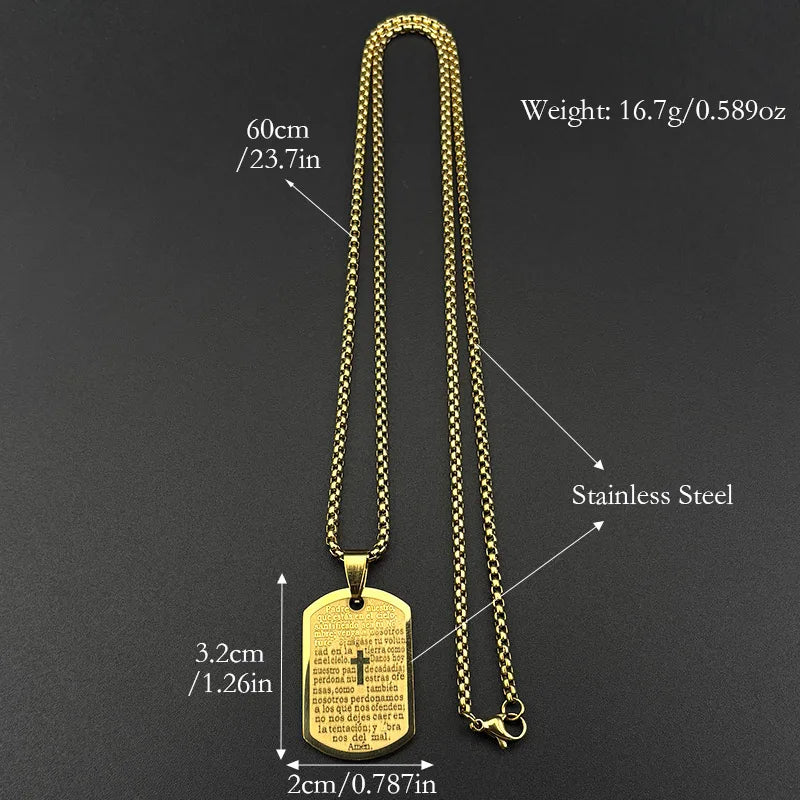 Christian The Lord's Prayer Cross Bible Spainsh Verse Dog Tag Necklace for Women Men Stainless Steel Jesus Chain Jewelry Gift