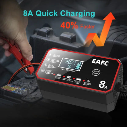 12V 8A Smart Car Battery Charger Automatic Start Fast Charger Pulse Repair Motorcycle Truck Battery Charger GEL Lead Acid