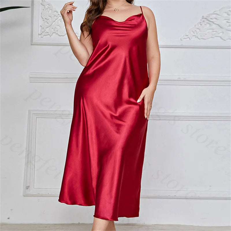 Plus Size 3Xl 4Xl 5Xl Nightgown Lady Sexy Swing Collar Nightdress Long Lingerie Women Summer New Satin Sleepwear Nightwear