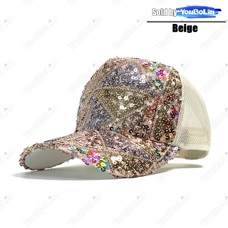Summer Shiny Sequin Back Mesh Adjustable Cotton Baseball Cap Sun Hat