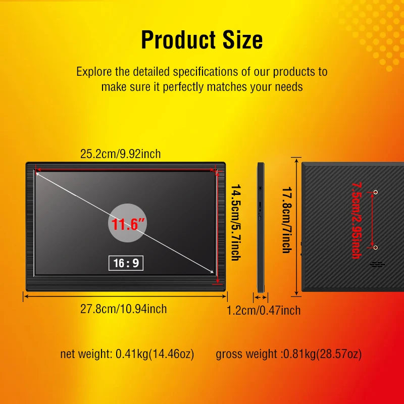 11.6 Inch Portable Monitor HDMI-Compatible Laptop second screen Gaming Extended Display For Switch/PS4/Xbox/Raspberry Pi