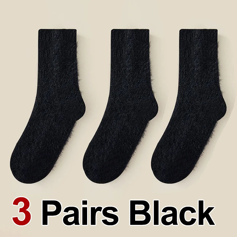 3/6 Pairs Women Autumn Winter Solid Color Plush Mid Tube Socks Warm and Thick Black White Soft Comfortable Casual Socks