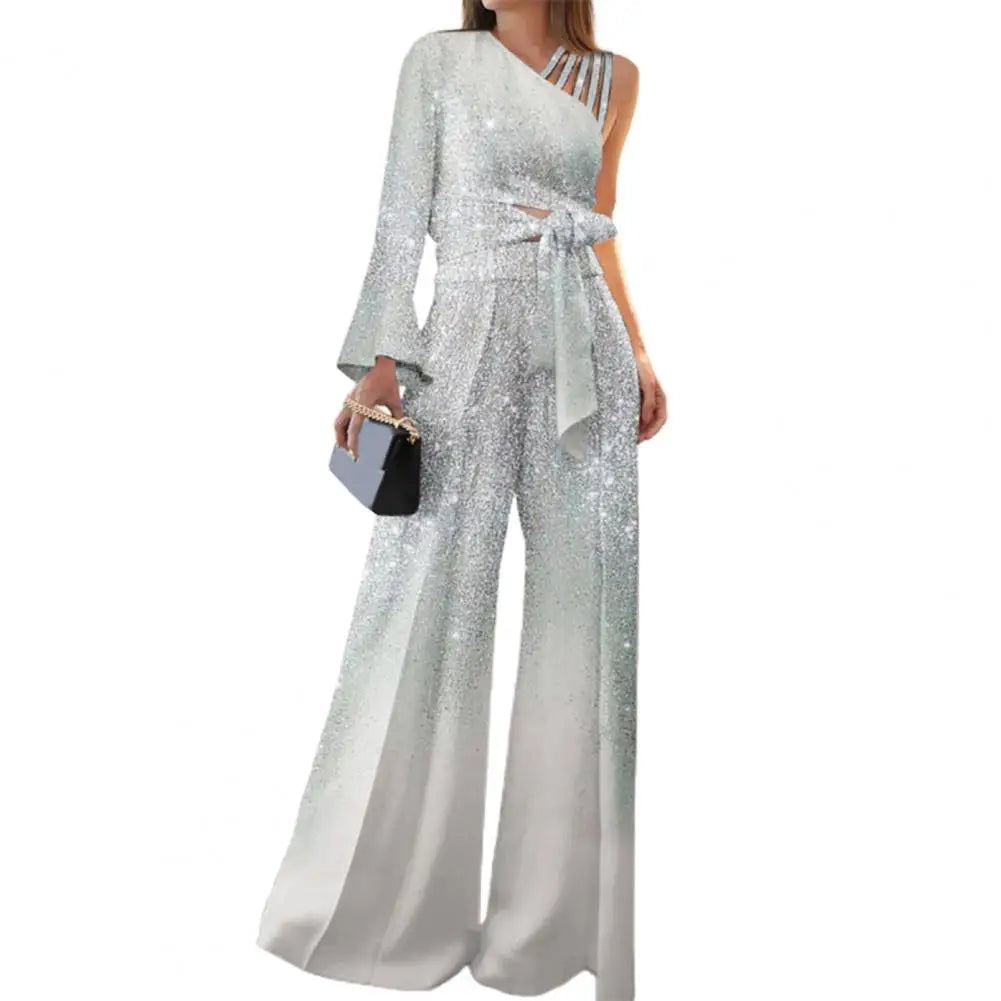 2026 Women Blouse Pants Set One Shoulder Blouse Bandage Bowknot High Waist Wide Leg Pants Set Glitter Trim Elegant Women Outfit