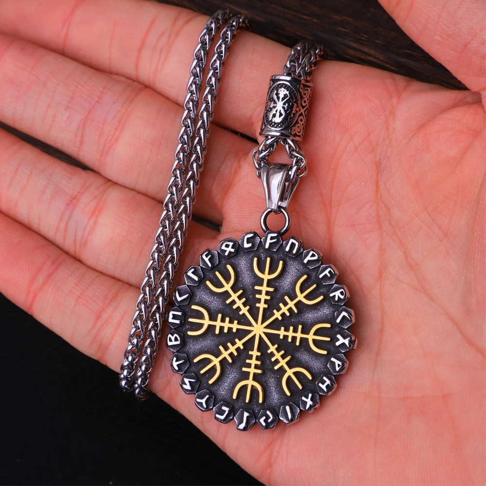 Vintage Vegvisir Viking Compass Pendant Necklace for Men Stainless Steel Fashion Nordic Amulet Beaded Necklace Jewelry Wholesale