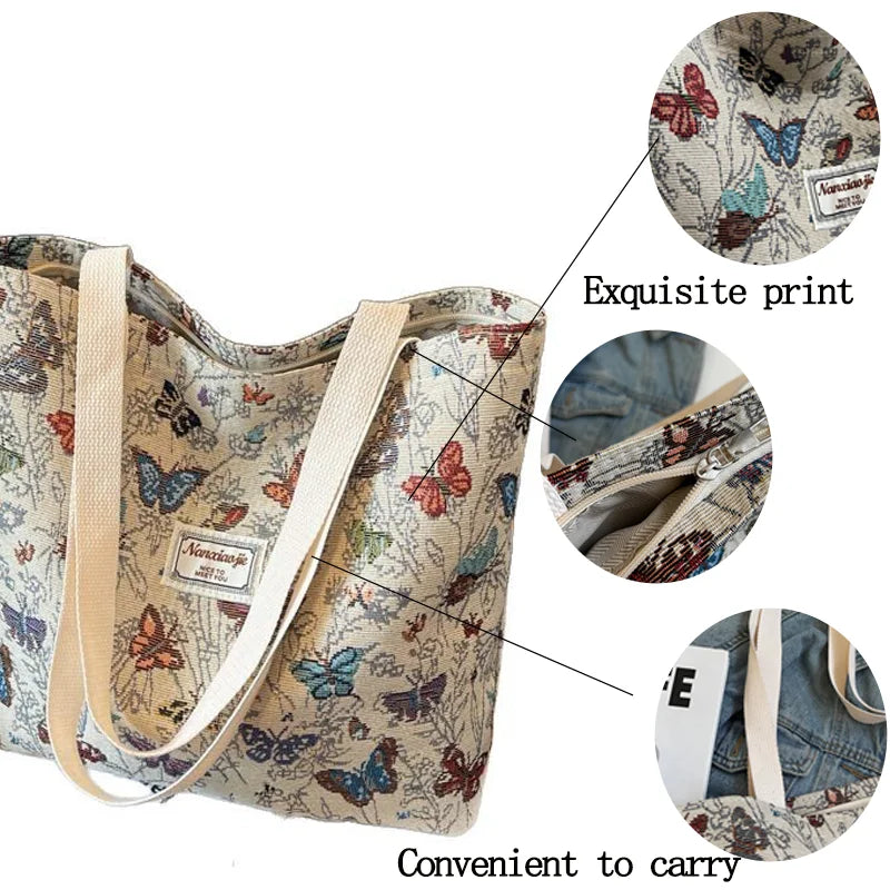 Women's Bag Butterfly Flower Print Embroidery Shoulder Bags Fashionable Canvas Handbags Large Capacity Zipper Shopping Bag