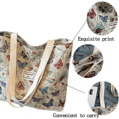 Women's Bag Butterfly Flower Print Embroidery Shoulder Bags Fashionable Canvas Handbags Large Capacity Zipper Shopping Bag