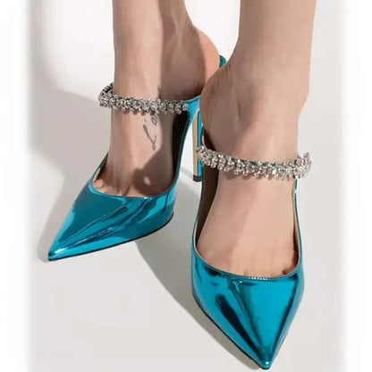 2025 New Fashionable Fine Heeled Muller Shoes with Pointed Water Diamond Chain Banquet Shallow Mouth Women's High Heel Sandals