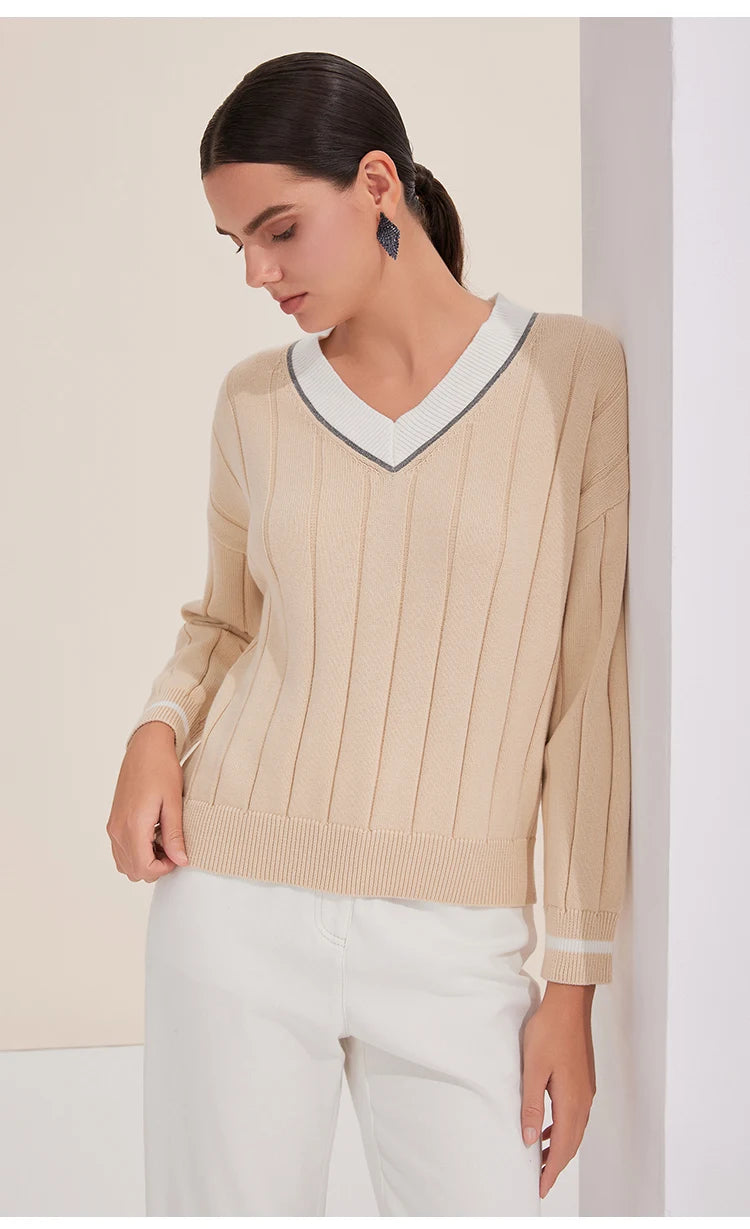 BY4521246 Women's Luxurious V-Neck Long Sleeve Sweater 100% Cotton Casual Knitted Pullover Fall Winter 2025