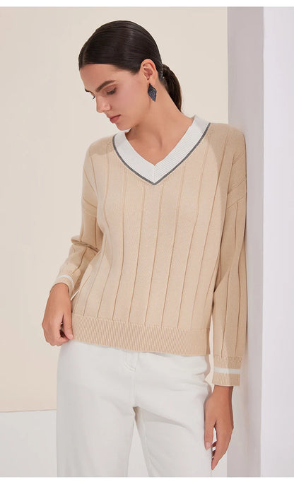 BY4521246 Women's Luxurious V-Neck Long Sleeve Sweater 100% Cotton Casual Knitted Pullover Fall Winter 2025