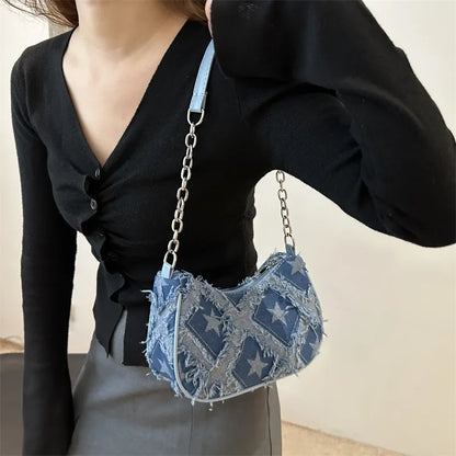 Women's Tote Bag with Star Pattern Blue Distressed Design, Golden-Tone Hardware, Stylish Handbag Shoulder Bag for Everyday Use