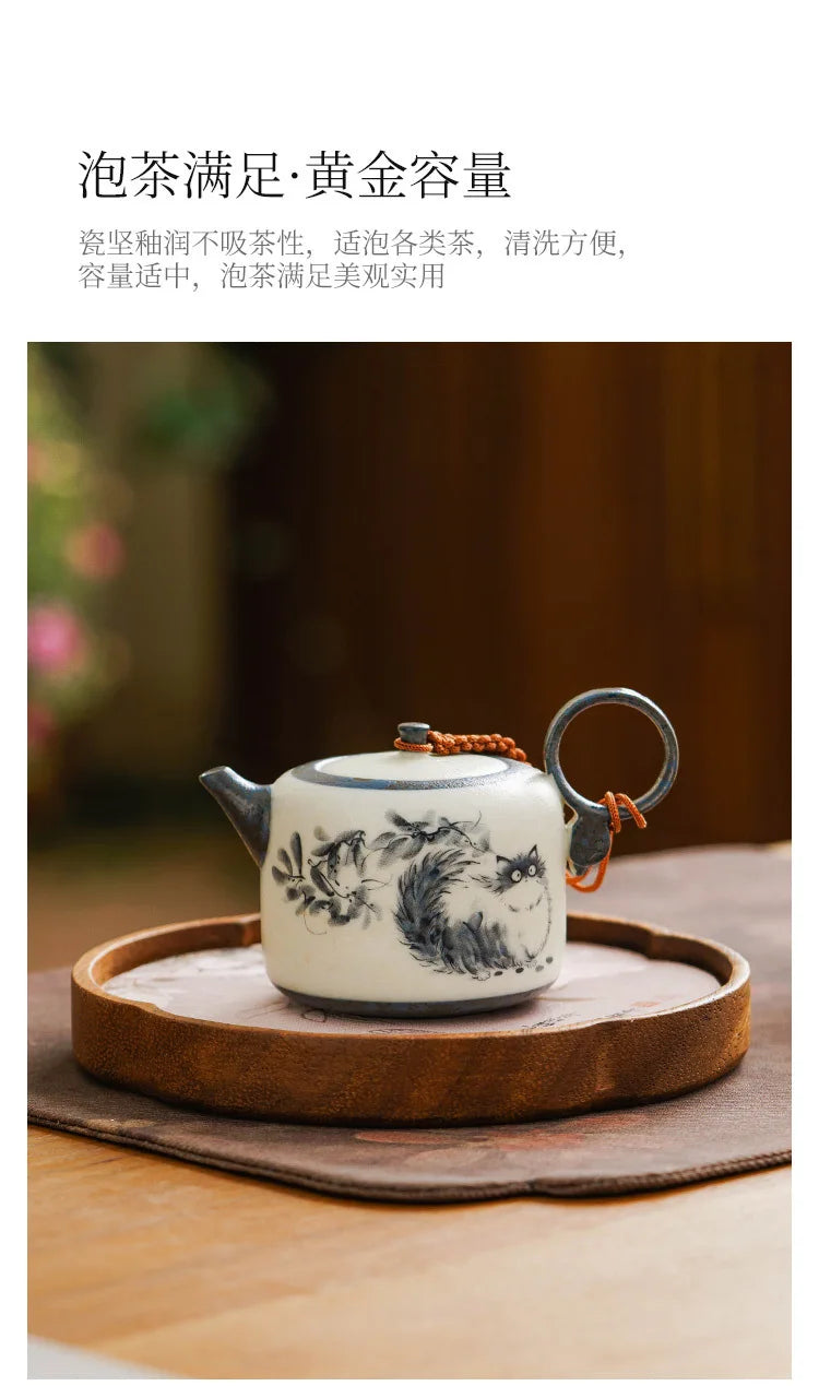 102ml Hand Painted Cat Teapot Ancient Tea Infuser Pot Household Tea Maker Kettle With Filter Dahongpao Drinkware Supplies Craft