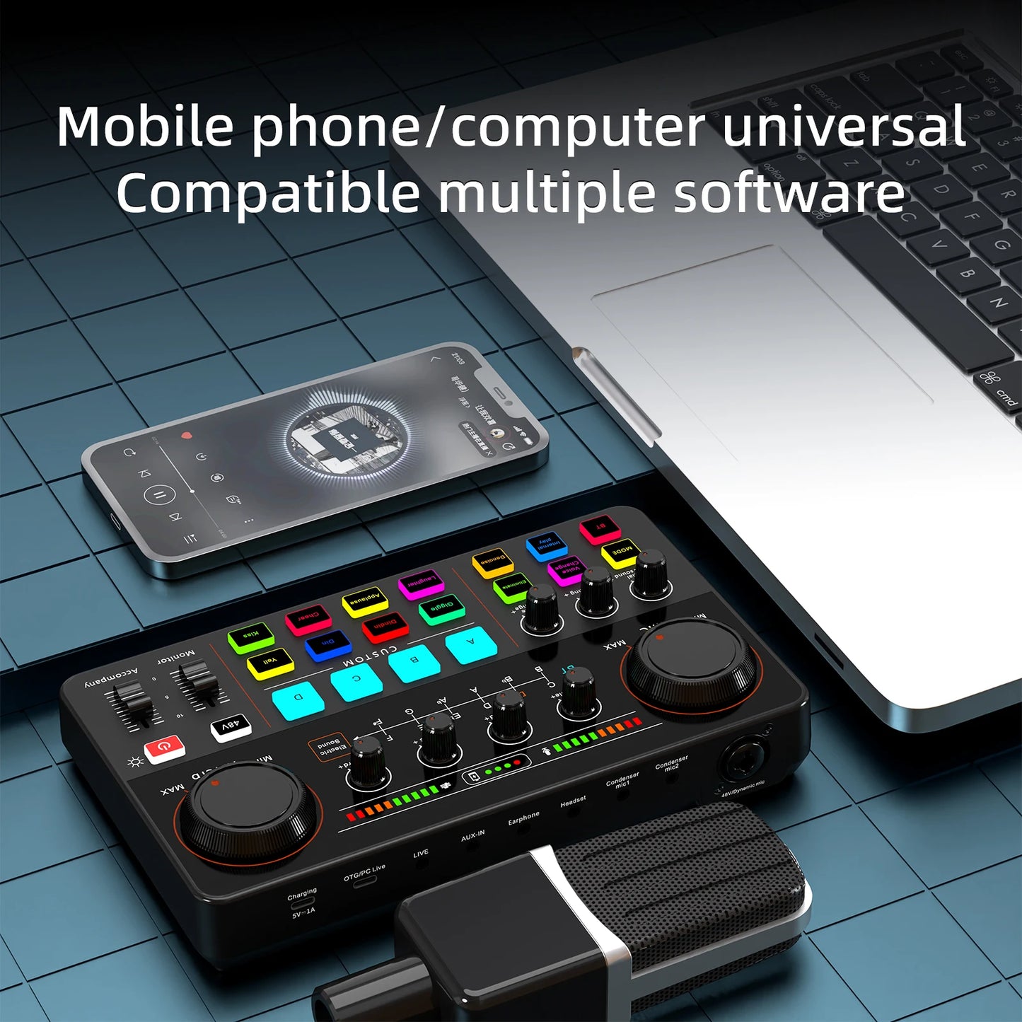 48V Phantom Power Professional Live Sound Card 12 Electronic Tone Sound Card Audio Mixer DJ Controller for For Youtube PC\Phone