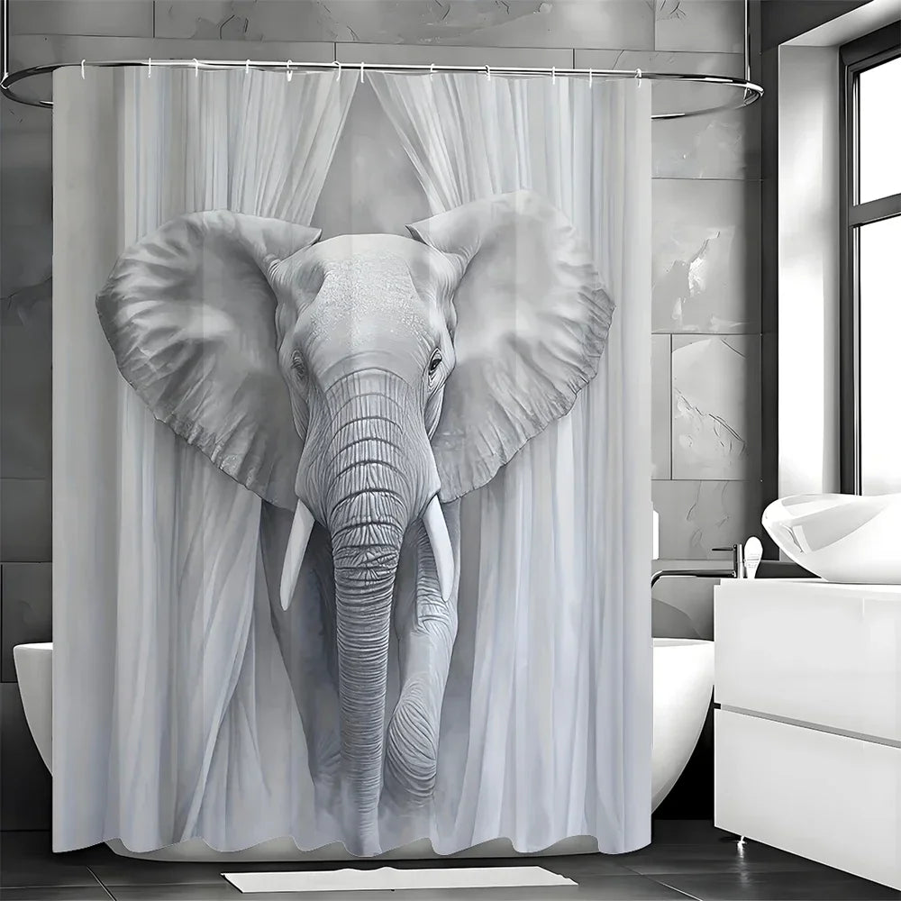 Gray Elephant Shower Curtain, Bathroom Decorative Shower Curtain, Waterproof Shower Curtain with Hooks 180x180cm