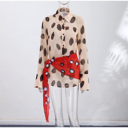 2026 Women Chic Vacation Outfits Fashion Leopard Print Sheer Chiffon Shirt Casual Turn-down Collar Mini Dress & Detachable Scarf