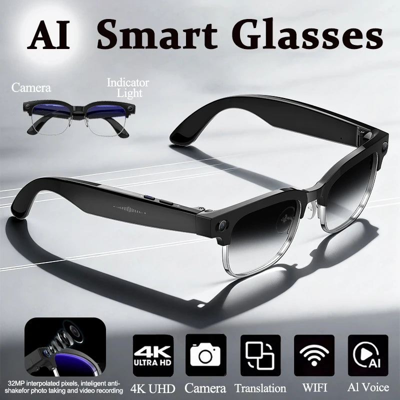 New 800W 4K UHD Camera Smart AI Glasses Recording Videos 290mAh Photo Recognition Translation Al Voice Bluetooth Smart Glasses